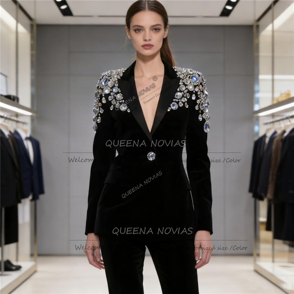 Velvet Blazer Vintage - Exclusive Diamond Beaded Suits Women single