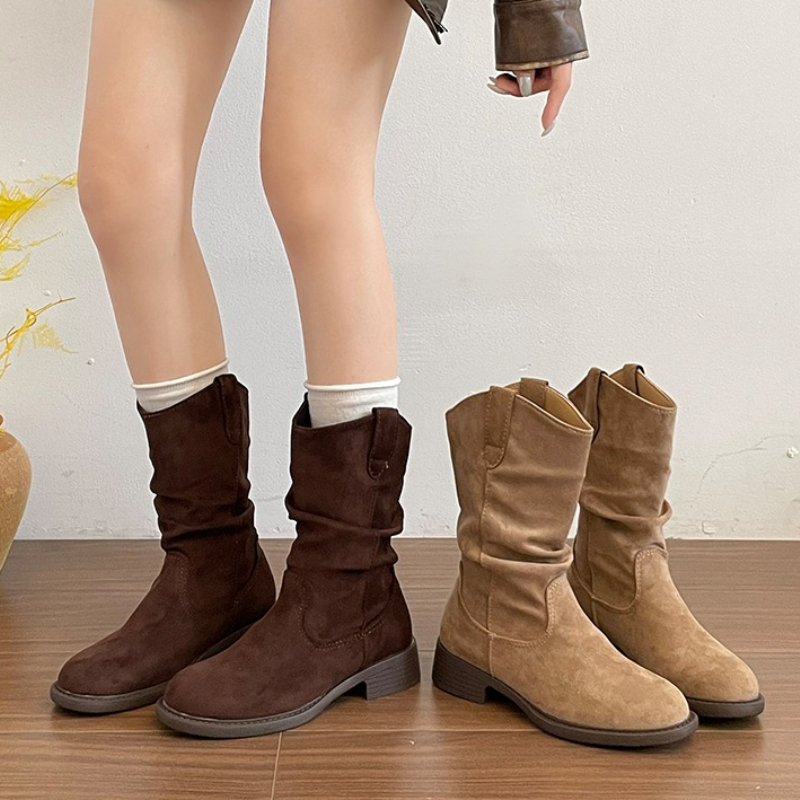 Vintage Fashion Female - Vintage Thick Heel Pleated Women Western